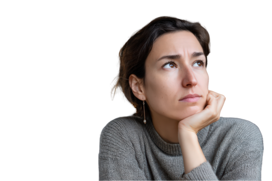 Thoughtful young woman in grey sweater looking upward pensive portrait against art face eyes hair girl on transparent background