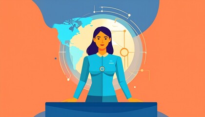 Confident businesswoman standing before a global network concept illustration