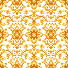 Elegant golden Damask flowers in geometric regal style, seamless pattern.
