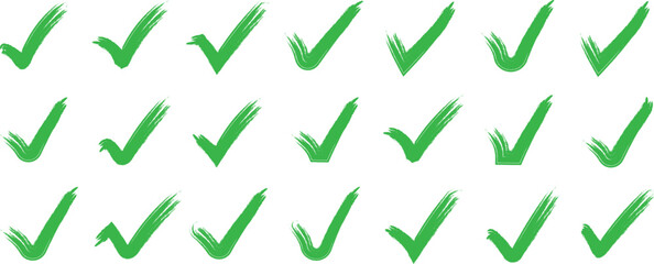 Check mark icons set. Green brush stroke check mark, tick symbols, checklist signs. Grunge brush stroke signs. Grunge checkmark design. Dirty grunge stroke checkmark sign vector illustration