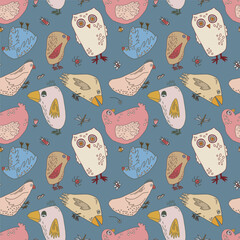 Seamless pattern with hand-drawn birds in playful pastel colors on a muted blue background