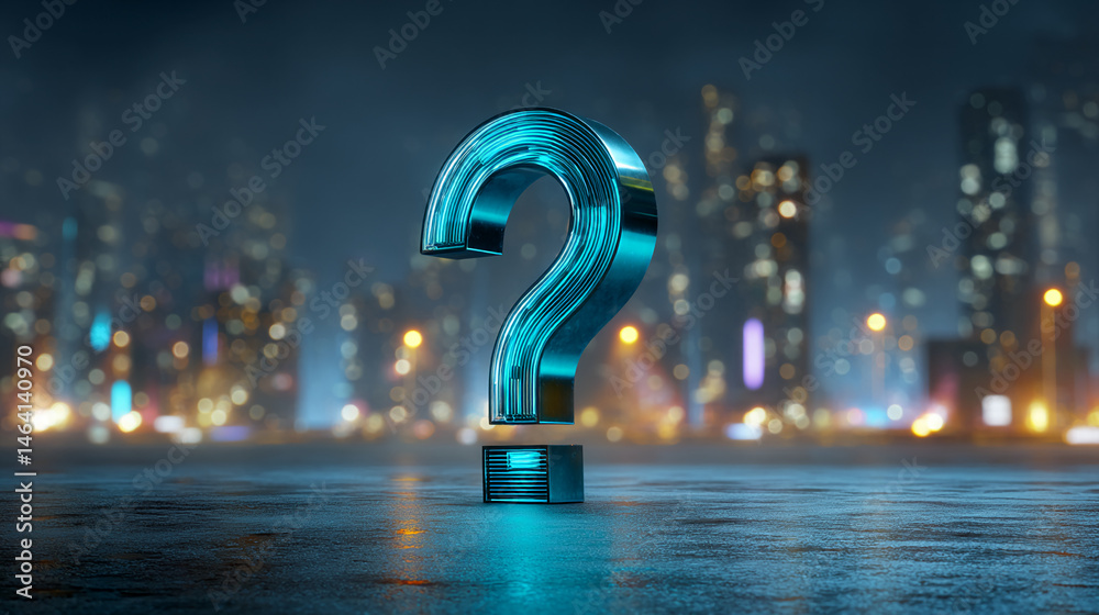 Aufkleber glowing cyan question mark on dark surface, city lights bokeh background. represents uncertainty, in