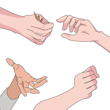 Vector illustration of diverse hand gestures in different poses and skin tones. Includes gripping, reaching, and open palm positions for design reference, anatomy study, and storytelling scenes