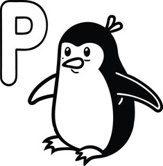 P for Penguin Coloring Page, A chubby penguin sliding on ice.