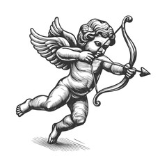 Fototapeta premium Cupid, cherubic figure with wings, aiming a bow and arrow, love and romance sketch engraving