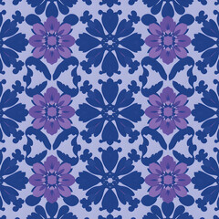 Fototapeta premium Elegant Indigo Sapphire Violet Damask Floral Fabric Design, seamless pattern.
