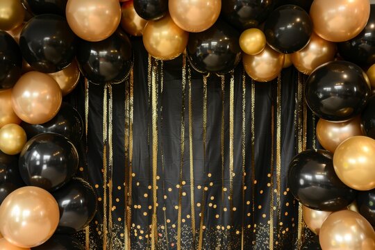 Elegant Black and Gold Balloon Arch with Shimmering Decorations