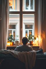 The living room is quiet with the curtains drawn and lights low. A man is resting on the sofa, looking out the window with a sigh of relief