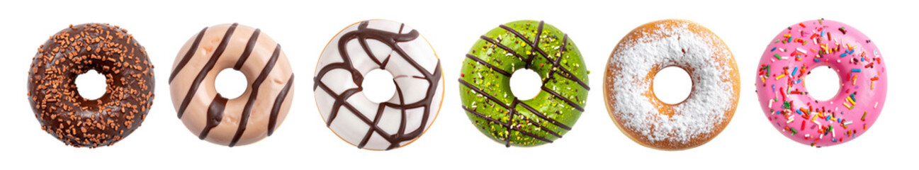 Delicious assorted donuts with chocolate, matcha and powdered sugar toppings on transparent background