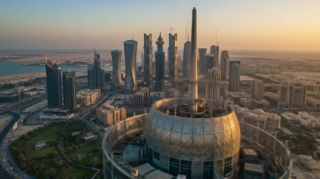 Dohas modern skyline a golden hour aerial view of qatars urban sprawl