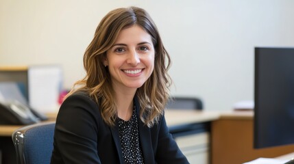 Smiling woman in office setting. Desk, computer, phone visible in background