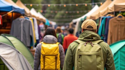Obraz premium People with backpacks walk through an outdoor market with tents and hanging lights, surrounded by camping gear and colorful jackets.