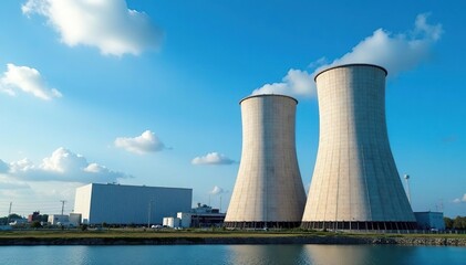 Fototapeta premium Large industrial cooling towers against blue sky, power generation, climate, HVAC