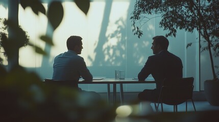 silhouette of a business meeting in an office, business team working together, two businessman sit together while talking at a conference room.