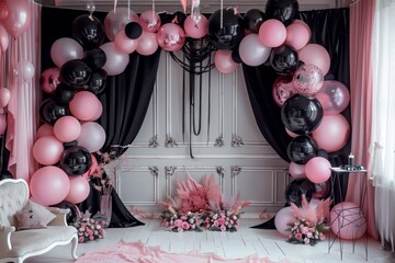Elegant pink and black balloon arch for festive celebrations