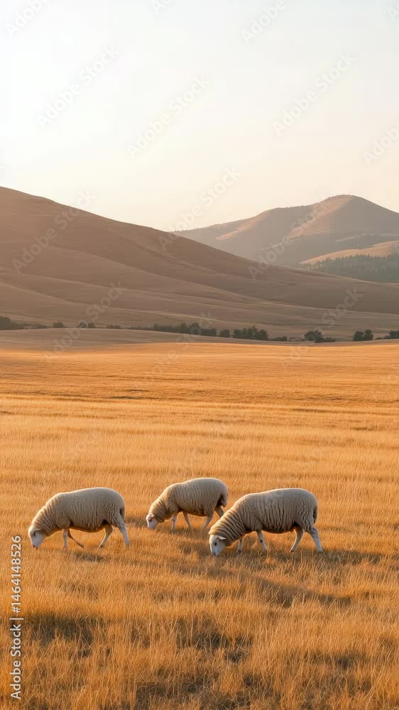 Poster three sheep are grazing peacefully in a golden field, bathed in the warm glow of the setting sun, wi