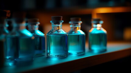 Illuminated glass bottles filled with a mystical turquoise liquid