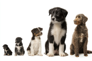 Obraz premium Hopeful puppy stages illustrating growth and development on white background