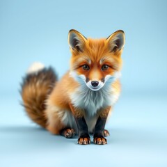 Curious red fox sitting on clean pastel blue background with fluffy tail curled and alert expression