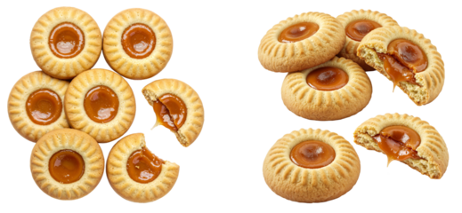 Gefüllte Karamell-Butterkekse mit weicher Mitte und knusprigem Rand, isoliert auf weißem Hintergrund
