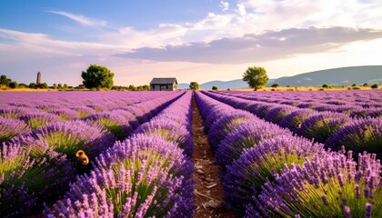 Lavender Field with House and Trees