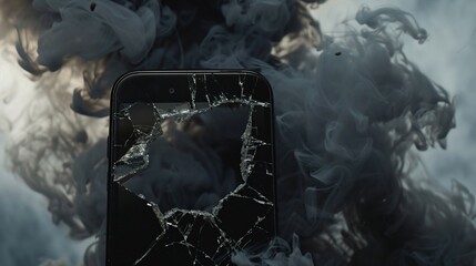 Broken smartphone screen with dark smoke coming out, representing digital addiction and technology overuse, negative impact of mobile devices on mental health.