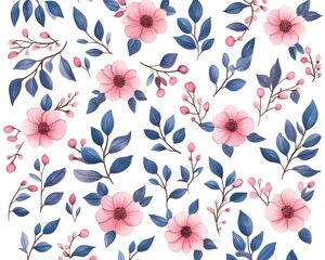 Delicate pink flowers and blue leaves pattern