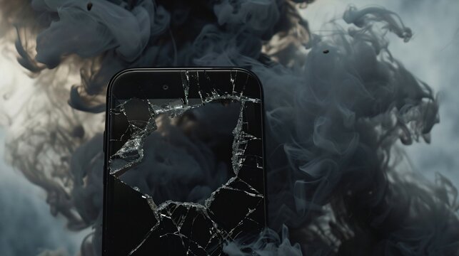 Broken smartphone screen with dark smoke coming out, representing digital addiction and technology overuse, negative impact of mobile devices on mental health.