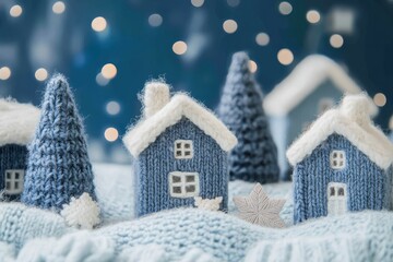 Naklejka premium Nordic winter village with aurora borealis, featuring knitted texture details and cool blue tones, evoking a serene and magical winter atmosphere.