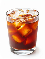 Glass of iced coffee with ice cubes on white background