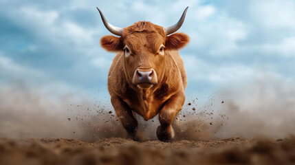 Brown cow galloping through dirt under cloudy sky