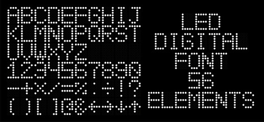 White dot matrix LED font alphabet, number and symbol set. Digital scoreboard style with clean circular lamp elements. Vector