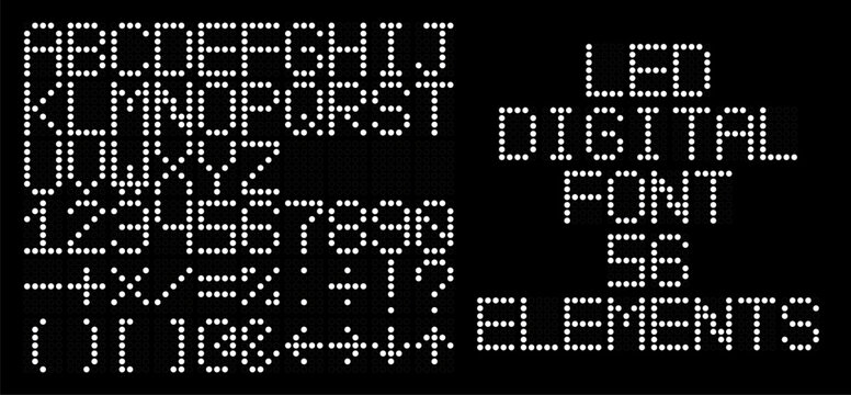 White dot matrix LED font alphabet, number and symbol set. Digital scoreboard style with clean circular lamp elements. Vector