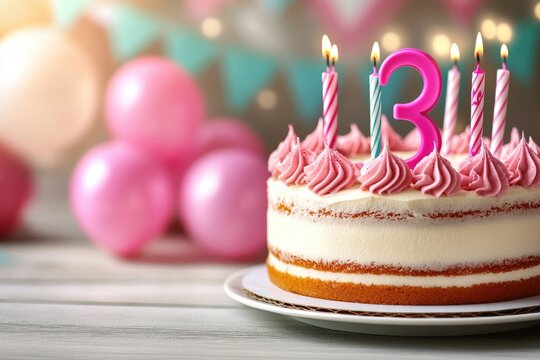 Delicious cake celebrating a third birthday with lit candles and pink balloons