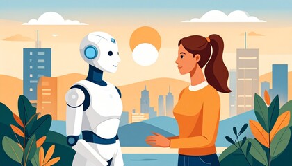 Woman Interacting with a Robot in a Modern City Park Setting