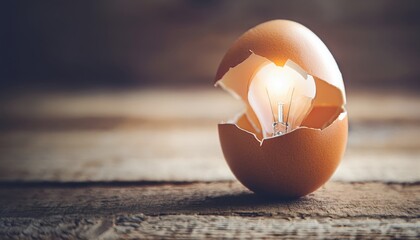 cracked egg with glowing light bulb inside on wooden surface for concept design, innovation branding, easter creativity or print poster

