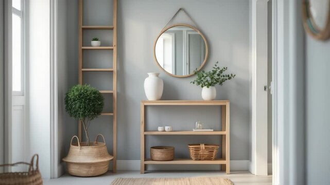 Shelving unit and mirror console table in hallway. Interior design