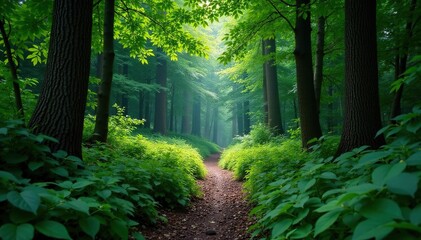 Fototapeta premium Narrow, overgrown forest path disappearing into dense foliage, hidden, shadow, foliage