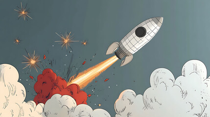 Stylized rocket launch illustration.  Perfect for business, technology, or childrens content.  Retro comic book style graphic depicts a spaceship blasting off, creating a dynamic and energetic scene.