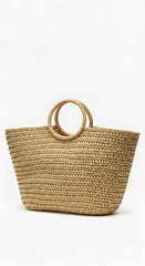 Woven Straw Basket Bag Isolated on White Background Close Up