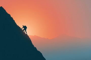 Obraz premium Climber silhouette ascends mountain at sunset showing strong determination