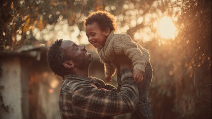 子供を抱っこする笑顔のお父さん