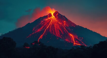 Guatemala Landscape. Volcano Eruption with Red Magma and Fiery Glow at Night