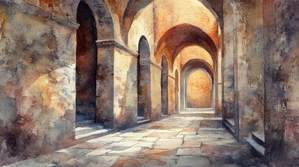 Fototapeta premium Sunlight streams through ancient stone arches in a serene, rustic corridor, casting dramatic shadows on the tiled floor.