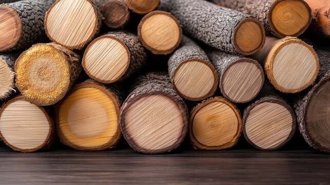 Stacked wooden logs ready for use in various applications