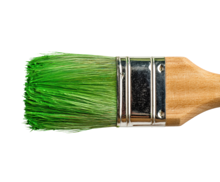 Bright green paint brush for creative home decoration projects on a transparent background, cut out