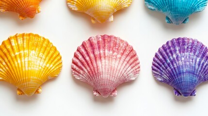 Vivid Rainbow Colored Seashells on Clean White Background, Summer Vacation Theme, Flat Lay.