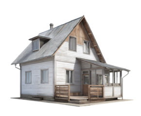 Cozy wooden house with a porch for outdoor living on a transparent background, cut out