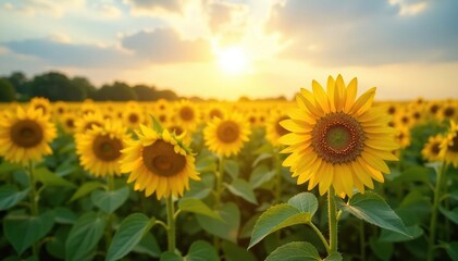 Fototapeta premium Golden sunflowers in a vast field, summer sun , rural, golden, botanical