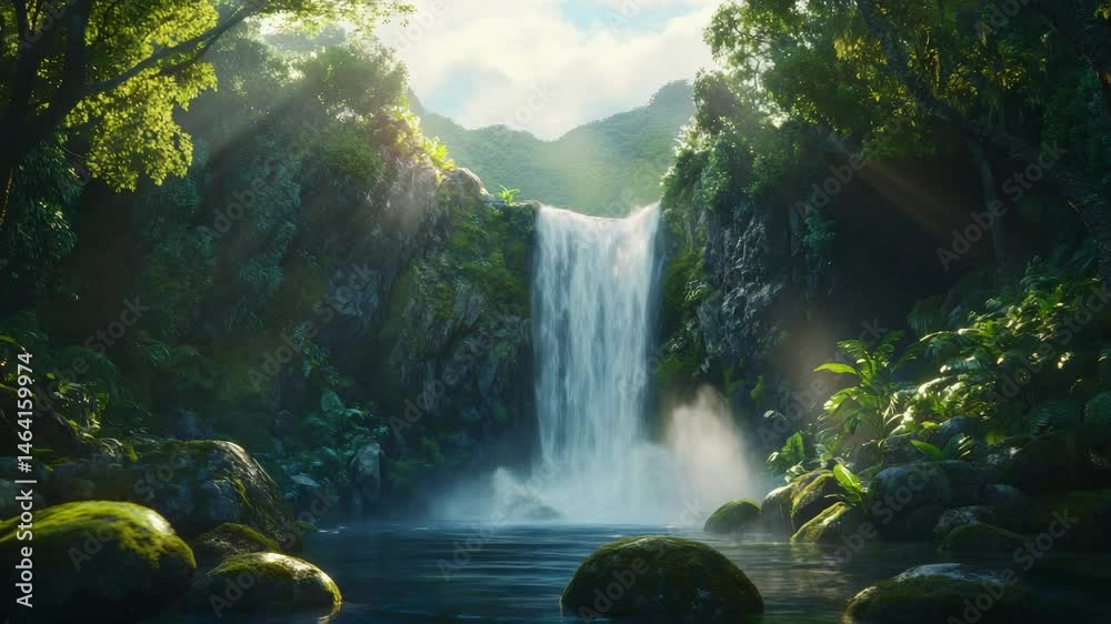 Poster sunbeams illuminating a stunning waterfall cascading into a tranquil pond, surrounded by lush green 